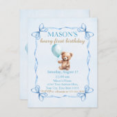 テディベアブルーバルーンベアリーファースト誕生日 招待状 (正面/裏面)