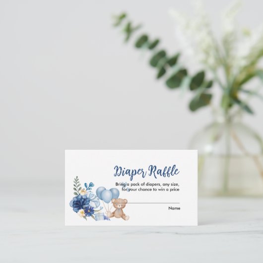 テディベアブルーバルーンベビーシャワーおむつラッフル エンクロージャーカード (スタンド正面)