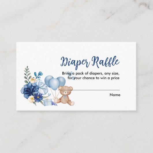 テディベアブルーバルーンベビーシャワーおむつラッフル エンクロージャーカード (正面)