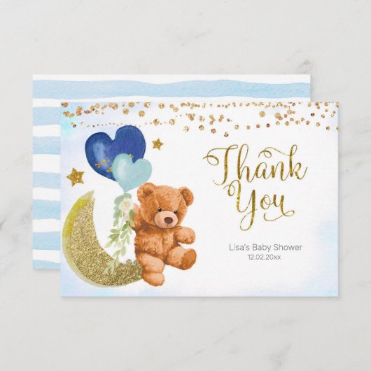 テディベアブルーバルーンベビーシャワーサンキューカード サンキューカード (正面/裏面)