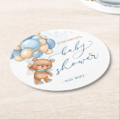 テディベアブルーバルーンベビーシャワー紙コースター ラウンドペーパーコースター (アングル)