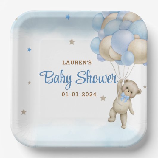 テディベアブルーバルーンベビーシャワー ペーパープレート (正面)