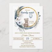 テディベアブルーバルーンベビーシャワー 招待状 (正面/裏面)