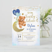 テディベアブルーバルーンボーイ誕生日招待状 招待状 (スタンド正面)