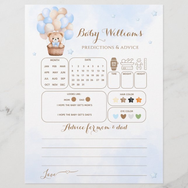 テディベアブルーバルーン男の赤ちゃん推測ゲーム (正面)