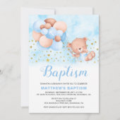 テディベアブルーバルーン金ゴールドスターバプテスマ 招待状 (正面)
