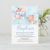 テディベアブルーバルーン金ゴールドスターバプテスマ 招待状 (スタンド正面)