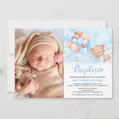 テディベアブルーバルーン金ゴールド星写真バプテスマ 招待状 (正面)