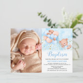 テディベアブルーバルーン金ゴールド星写真バプテスマ 招待状 (スタンド正面)