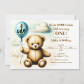 テディベアブルーバルーン1st誕生日パーティー 招待状 (正面)