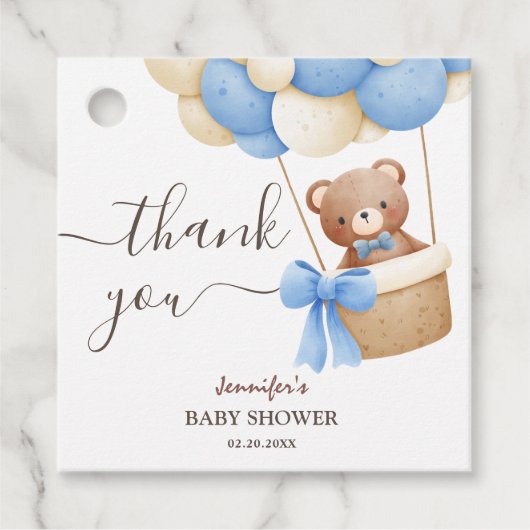 テディベアブルーバルーン |男の子の赤ちゃんシャワー フェイバータグ (正面)