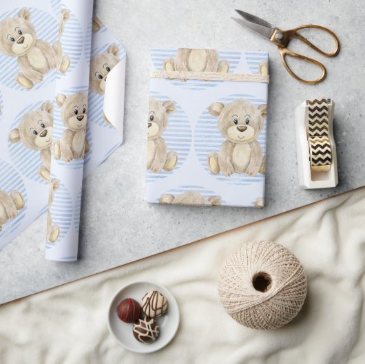 テディベアブルーパターンドウォーター色男の赤ちゃんシャワー ラッピングペーパー (クラフト)