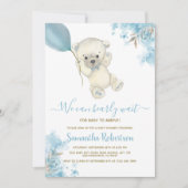 テディベアブルーフローラバルーンボーイベビーシャワー 招待状 (正面)