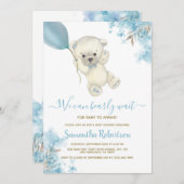 テディベアブルーフローラバルーンボーイベビーシャワー 招待状 (正面/裏面)