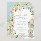 テディベアブルーフローラバルーン少年ベイビーシャワー 招待状 (正面/裏面)