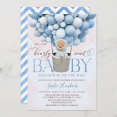 テディベアブルーホットエアバルーンベビーシャワー 招待状 (正面/裏面)