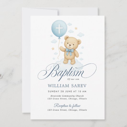 テディベアブルーボーイバプテスマ招待状 招待状 (正面)