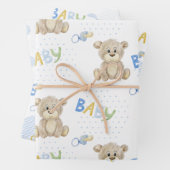 テディベアブルー水玉模様男の赤ちゃん ラッピングペーパーシート (インサイチュ)