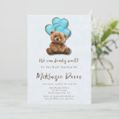 テディベアブルー金ゴールドバルーンボーイベビーシャワー 招待状 (スタンド正面)