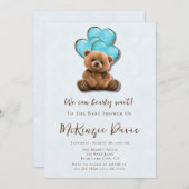 テディベアブルー金ゴールドバルーンボーイベビーシャワー 招待状 (正面/裏面)