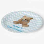 テディベアブルー&ホワイトストライプのパーティープレート ペーパープレート (アングル)