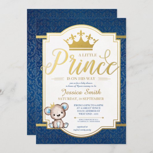 テディベアプリンス王室のベビーシャワー招待状 招待状 (正面/裏面)