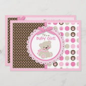 テディベアベイビーガールベビーシャワーピンク 招待状 (正面/裏面)