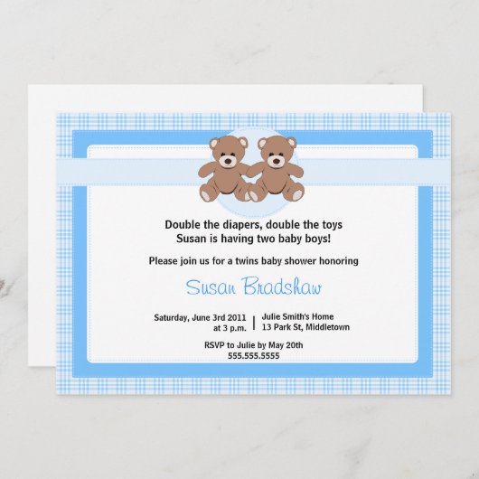 テディベアベイビーシャワー招待状ツインボーイズ 招待状 (正面/裏面)