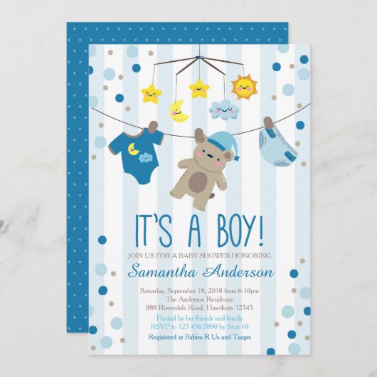 テディベアベイビーシャワー招待状、ボーイベイビーシャワー 招待状 (正面/裏面)