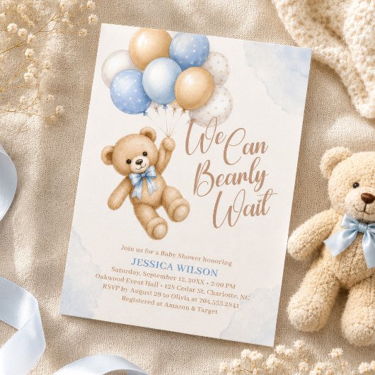 テディベアベビーシャワーおめでとう We Can Bearly Wait 招待状
