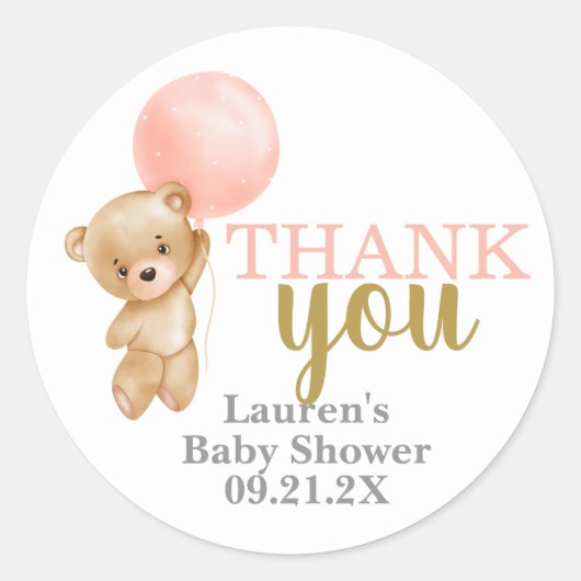 テディベアベビーシャワーガールメッセージカード ラウンドシール (正面)