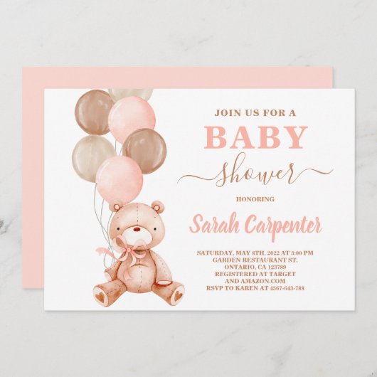 テディベアベビーシャワーガール招待状 招待状 (正面/裏面)