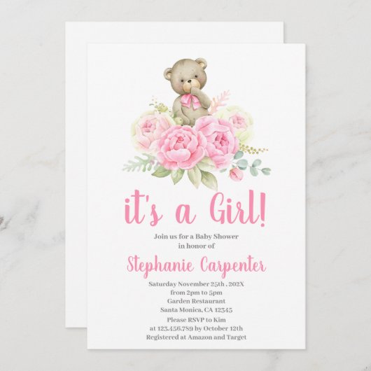 テディベアベビーシャワーガール招待状 招待状 (正面/裏面)