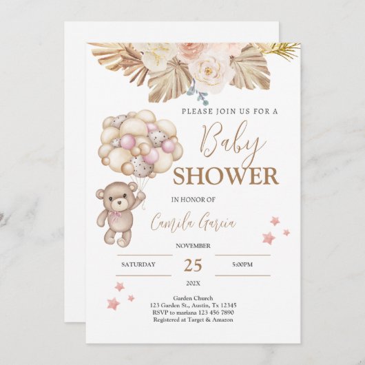 テディベアベビーシャワーガール招待状 招待状 (正面/裏面)