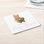 テディベアベビーシャワーピンク素朴なフローラ スクエアペーパーコースター (アングル)