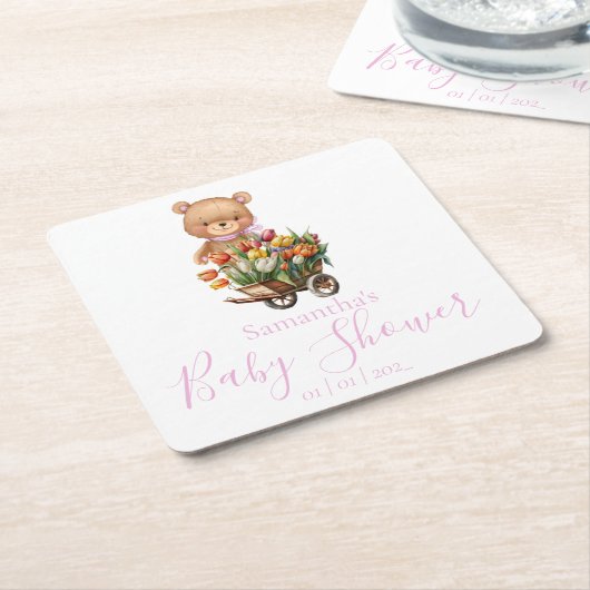 テディベアベビーシャワーピンク素朴なフローラ スクエアペーパーコースター (アングル)