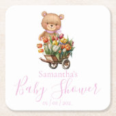 テディベアベビーシャワーピンク素朴なフローラ スクエアペーパーコースター (正面)