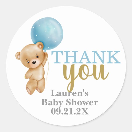 テディベアベビーシャワーボーイメッセージカード ラウンドシール (正面)