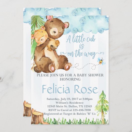 テディベアベビーシャワー招待状招待状ブルーボーイ 招待状 (正面/裏面)