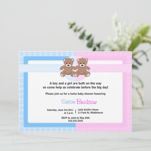 テディベアベビーシャワー-双子の少年と少女 招待状 (スタンド正面)