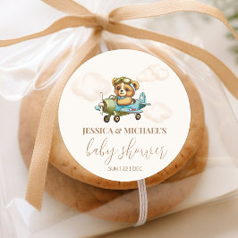 テディベアベビーパイロット飛行機ベビーシャワー ラウンドシール