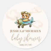 テディベアベビーパイロット飛行機ベビーシャワー ラウンドシール (正面)