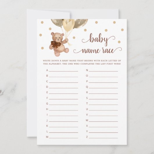 テディベアベビー名レースベビーシャワーゲームカード 招待状 (正面)