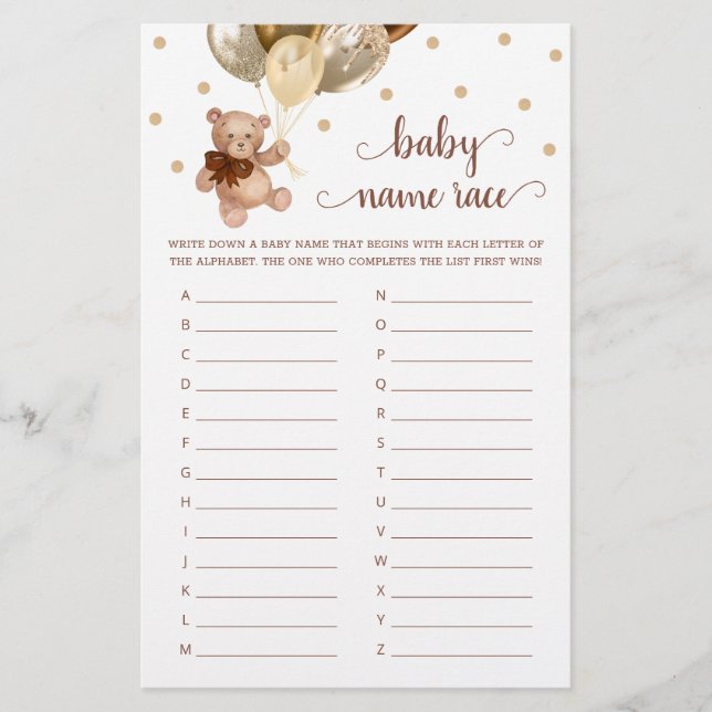 テディベアベビー名レースベビーシャワーゲーム (正面)