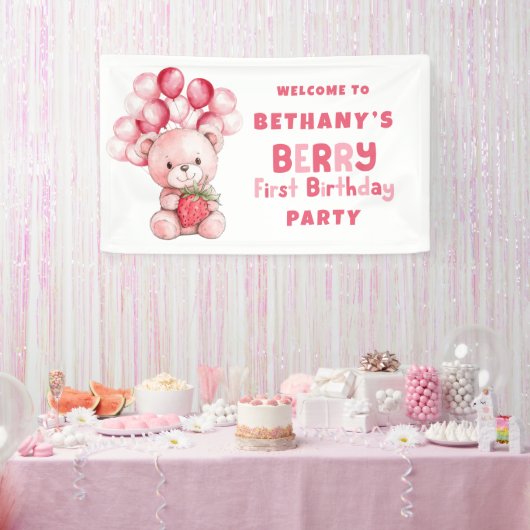 テディベアベリーファースト誕生日ストロベリーウェルカム 横断幕 (パーティー)