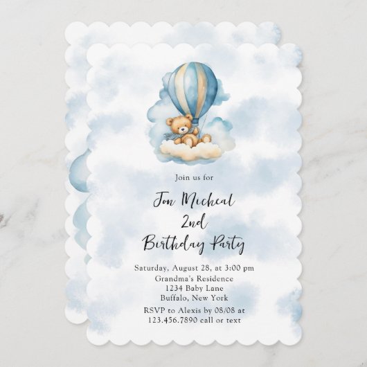 テディベアホットエアバルーンボーイエイジ誕生日 招待状 (正面/裏面)