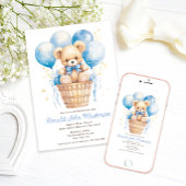 テディベアボーイバプテスマ付き水彩風船 招待状