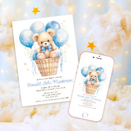 テディベアボーイバプテスマ付き水彩風船 招待状