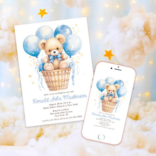 テディベアボーイバプテスマ付き水彩風船 招待状