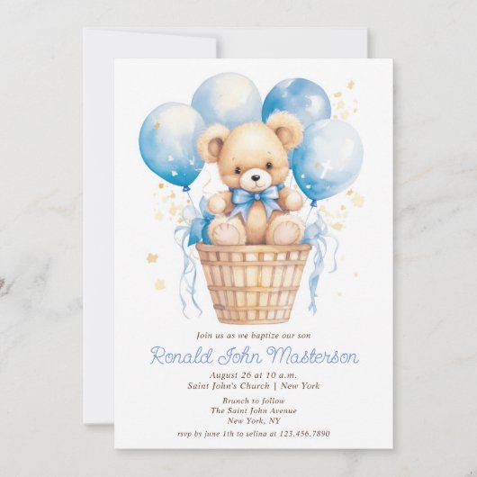 テディベアボーイバプテスマ付き水彩風船 招待状 (正面)